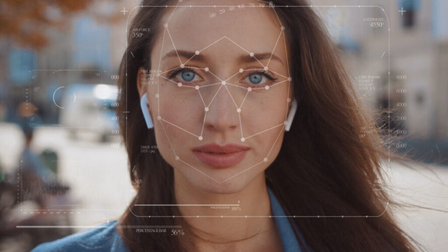 Future. Face Detection. Technological 3d Scanning. Biometric Facial Recognition. Face Id. Technological Scanning Of The Face Of Beautiful Caucasian Woman In The City For Facial Recognition. Shoted By Arri Alexa Mini.